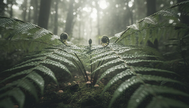Enchanted forest scene with lush green fern fronds and fiddleheads covered in dew drops, highlighted by mystical sunlight filtering through the fog.