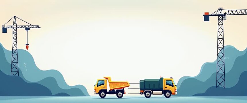 Construction site animation with trucks moving in opposite directions, cranes gently swaying, and a slow pan capturing the industrial landscape, offering cinematic appeal with ample copy space.