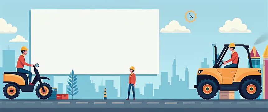 Construction workers discuss project plans in a modern office setting, with a slow pan across the room, documents slightly flutter, and a cinematic focus on workplace collaboration and safety.