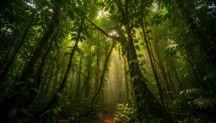 Fototapeta premium Magical Jungle Path: Vibrant Sunbeams Penetrating Dense Tropical Rainforest Canopy, Creating a Mystical and Serene Natural Landscape.