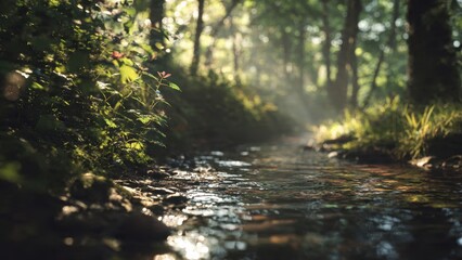 Sunlit Stream in Forest