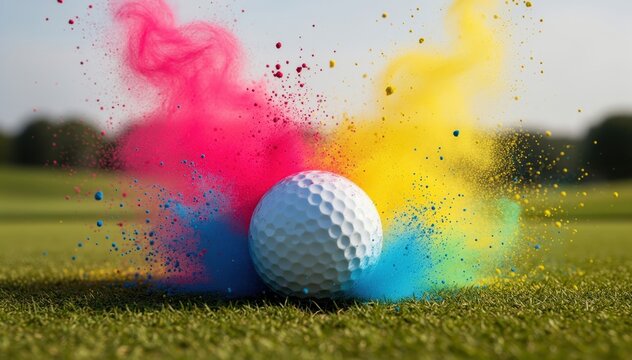 Golf Ball's Colorful Burst: A pristine golf ball rests on a manicured green, surrounded by an explosion of vibrant, colorful powder, creating a visually striking representation of energy and fun.