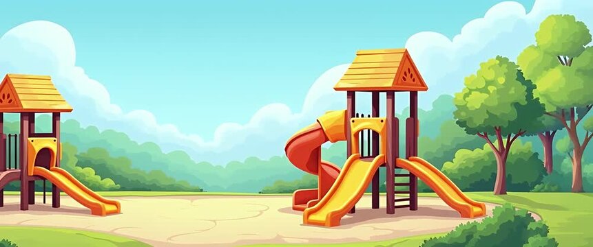 Colorful playground slides under a clear blue sky, gentle breeze rustling leaves, slow camera pan revealing a serene park setting, in a vibrant, cartoon-style animation.