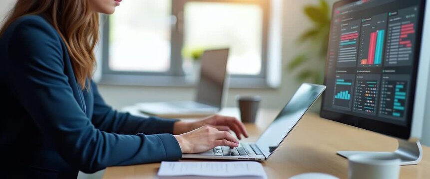 Businesswoman analyzing data on a laptop, slow camera pan across a modern office with ambient light flickering, cinematic style, ideal for corporate technology and financial innovation themes.