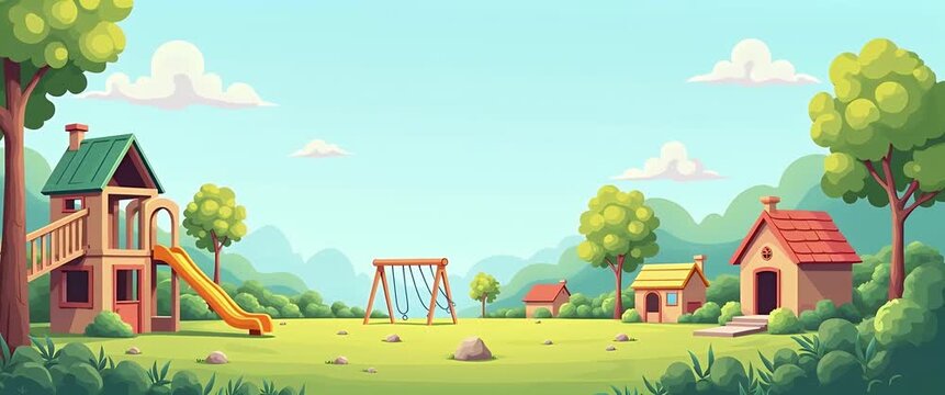 Idyllic playground on a sunny day with gentle breeze swaying trees; camera slowly pans across vibrant landscape, capturing colorful play structures in a serene, cinematic style.