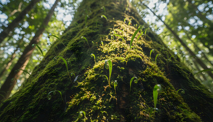 Fototapeta premium Low Angle View of Vibrant Green Moss and Unfurling Fern Fronds on a Giant Tree Trunk in a Sunlit Rainforest