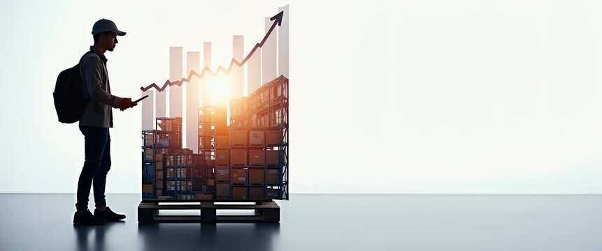 Young professional examines digital graph on warehouse containers at sunrise; camera gently pans to reveal rising stock trends, creating a dynamic, cinematic business growth visualization.