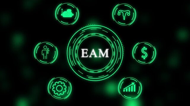futuristic HUD interface showing EAM (Enterprise Asset Management) with surrounding business icons such as finance, growth chart, settings, employee, healthcare and technology. Ideal for digital