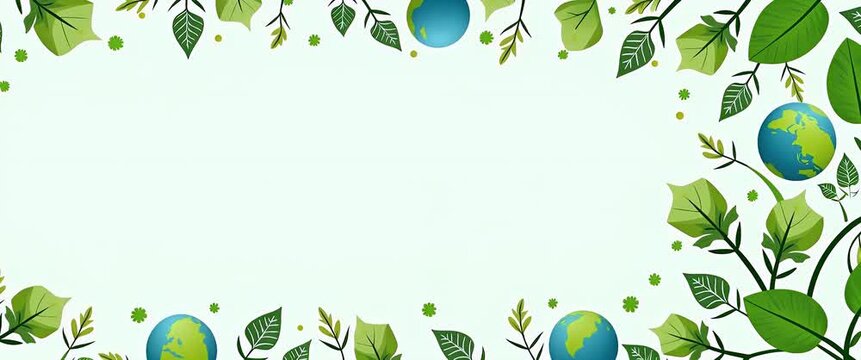 Cinematic animation of lush green leaves gently swaying, surrounding vibrant Earth globes, with a slow pan across this eco-friendly scene, promoting sustainability and environmental awareness.