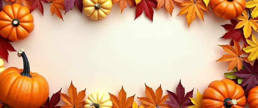 Vibrant pumpkins and autumn leaves gently sway in a soft breeze, as the camera slowly pans across a festive harvest scene, perfect for a cinematic fall background with ample copy space.