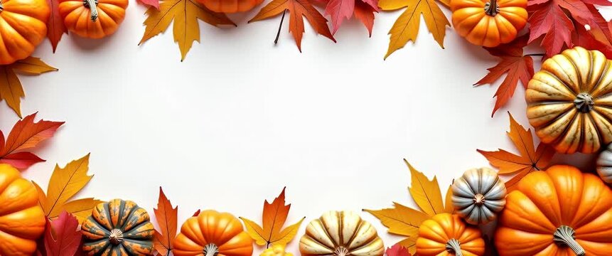 Festive autumn pumpkins and colorful leaves subtly sway as the camera pans smoothly across a vibrant fall-themed arrangement, offering ample copy space in a cinematic, seasonal composition.