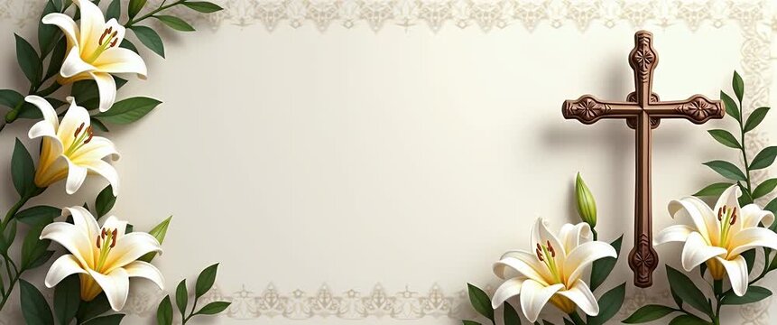 Elegant lilies gently sway beside a wooden cross, as the camera slowly pans, capturing a serene, spiritual ambiance in a cinematic style, perfect for religious and nature-themed projects.