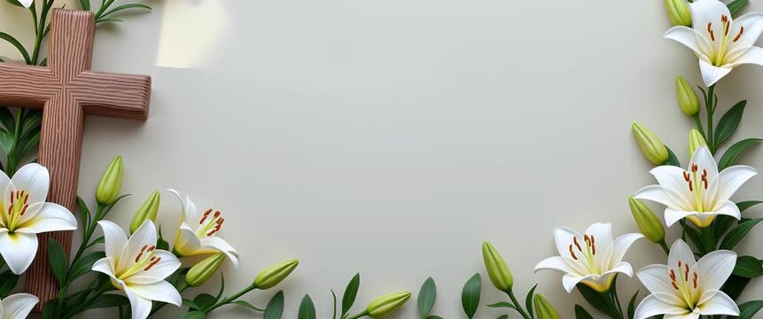 Elegant wooden cross surrounded by blooming lilies with gentle ambient light flicker; slow camera pan enhances the serene, symbolic atmosphere in a cinematic, minimalist style.