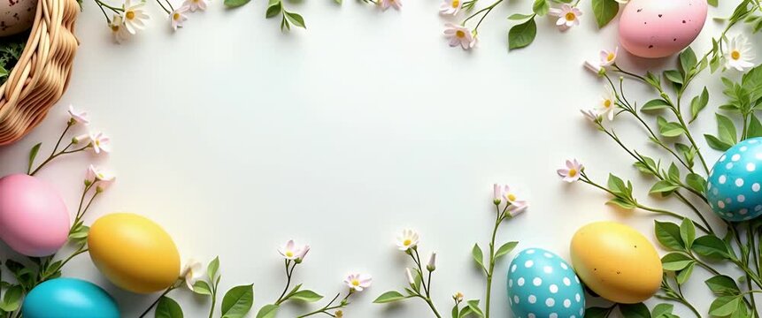 Colorful Easter eggs gently sway in a wicker basket as the camera slowly pans across a vibrant, blooming garden scene; cinematic, serene ambiance with soft light flickering through lush foliage.