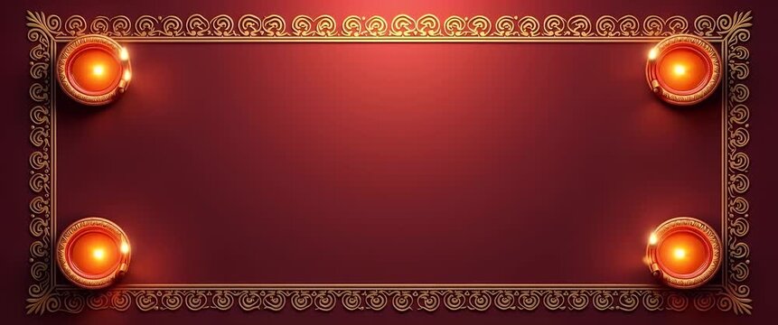 Elegant candles flicker softly on a decorative crimson surface, as the camera gently pans across intricate golden patterns, creating a serene, cinematic ambiance perfect for festive celebrations.