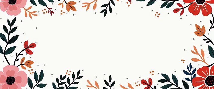 Floral border animation with gentle swaying leaves and flowers, slow camera pan revealing vibrant botanical design, ideal for wedding invitations or nature-themed events, in a modern, minimalist style