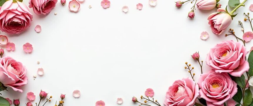 Elegant pink roses gently sway in a serene floral arrangement, as the camera slowly pans across the blossoms, creating a mesmerizing cinematic scene with ample copy space for text.