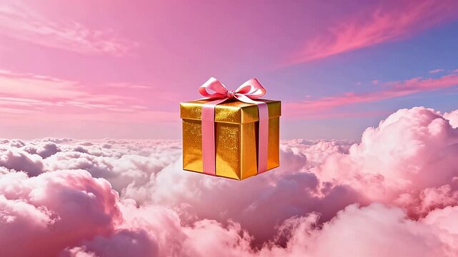 Golden gift box floating in sky