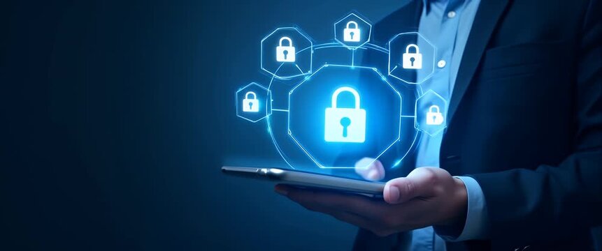 A businessman holds a tablet, displaying animated holographic security locks with a slow camera pan, in a futuristic, cinematic style emphasizing cybersecurity and digital technology.