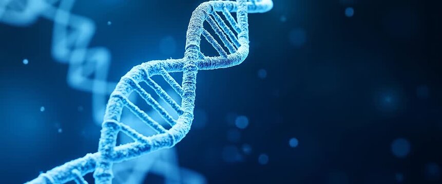 DNA helix gently rotates as particles float around, captured in a smooth cinematic pan, highlighting molecular biology and genetic research in a futuristic style.