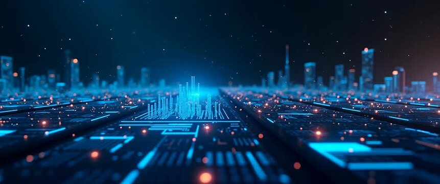 Futuristic city skyline emerges from digital circuit board, lights flicker softly; camera performs slow pan across high-tech landscape in cinematic style, highlighting innovation and technology.
