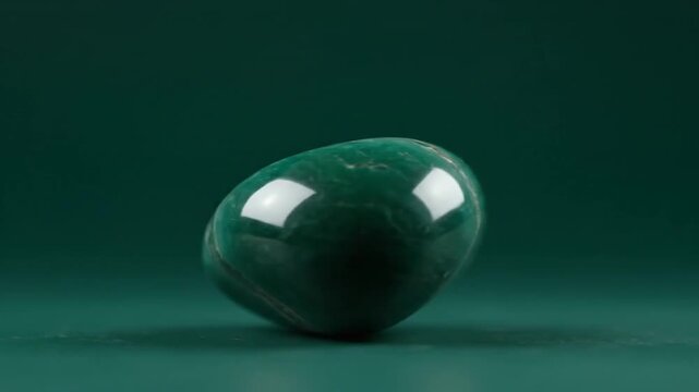 Close-up of a green aventurine crystal, a beautiful and calming gemstone, rotating on a dark green background.
