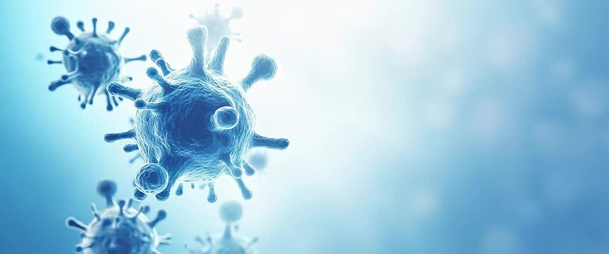 Microscopic visualization of viruses in slow motion with gentle ambient movement; camera slowly pans across a serene, blue-toned background for a cinematic, scientific perspective.