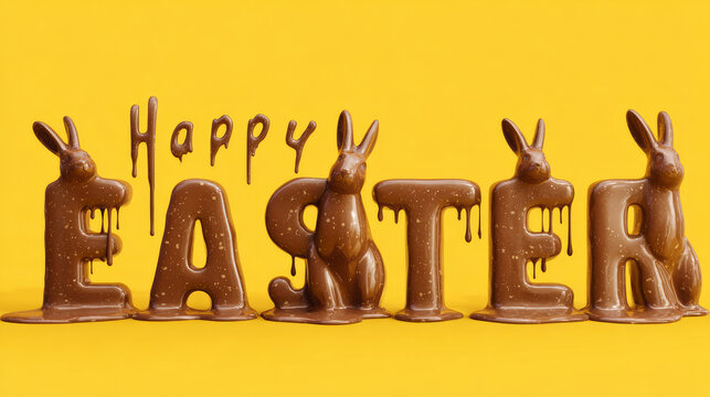 A joyful Easter animation banner featuring melted icing and chocolate bunnies on a yellow backdrop 