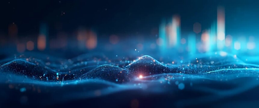 Gently undulating digital waves shimmer in a futuristic landscape as the camera slowly pans, capturing ambient lights flickering in a cinematic, technology-inspired scene.