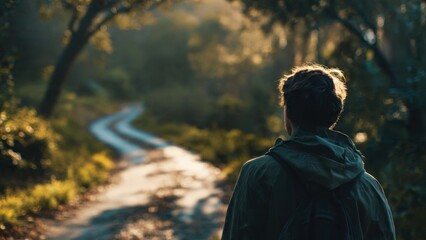 Wanderer on a forest path at golden hour