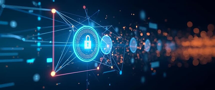 Futuristic cybersecurity interface with animated data flow and lock icons, dynamic camera tracking through digital network, and subtle ambient circuit motion in a sleek, cinematic style.