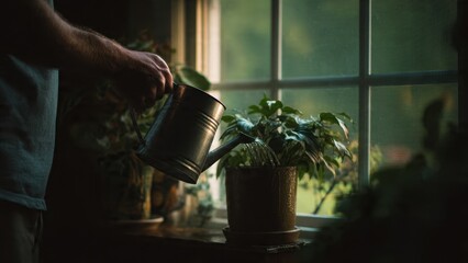 Watering Houseplant by Window