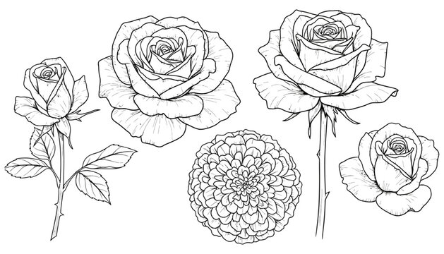 Detailed line art illustrations of five different rose varieties and one chrysanthemum presented in a vintage botanical drawing style 178 characters flower floral sketch outline