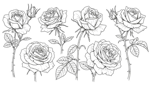 A collection of detailed line art illustrations featuring blooming roses and rosebuds with thorny stems and leaves presented in an artistic arrangement flower floral drawing