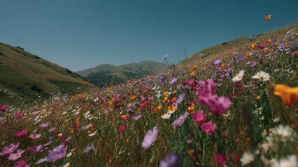Wildflowers in bloom on hillsides