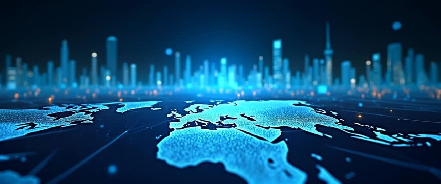 Futuristic digital world map glows as city skyline lights flicker in the background; slow camera pan reveals a technological landscape in a cinematic style, ideal for global connectivity themes.