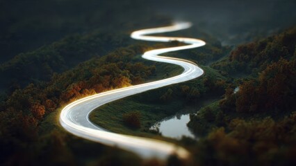 Winding Road Through Misty Green Landscape