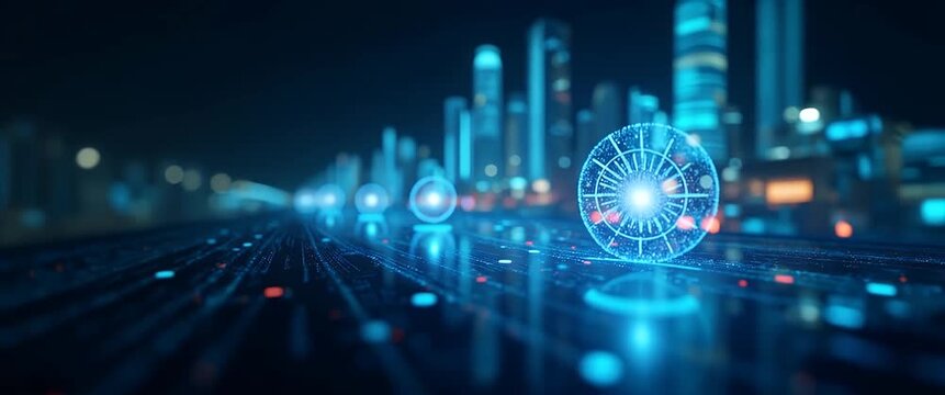 Futuristic digital sphere hovers in a neon-lit cityscape; camera gently pans across the scene as ambient lights flicker, creating a cinematic and immersive tech ambiance.
