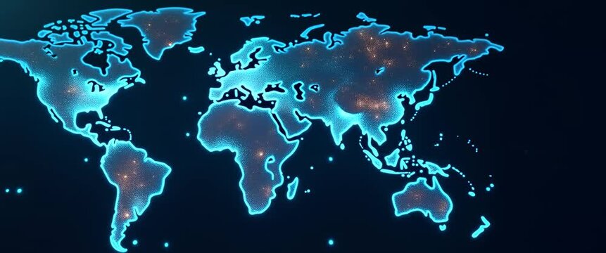 Glowing digital world map animation with gentle flickering lights, slow camera pan across continents, and ambient blue hues, creating a futuristic and informative cinematic atmosphere.