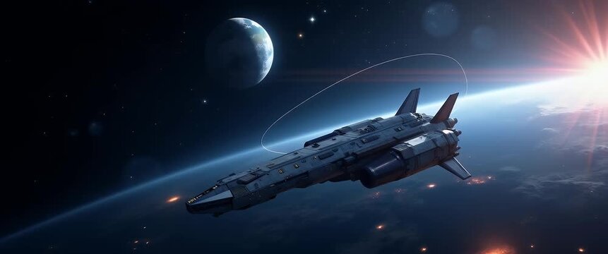 Futuristic spaceship glides smoothly through space, stars twinkling around, with a slow cinematic pan over Earth's horizon, capturing serene cosmic exploration and advanced technology.