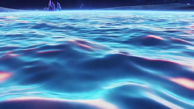 Aerial view of a digital ocean on a faraway planet, waves made of glowing liquid silk in peach and cyan colors.