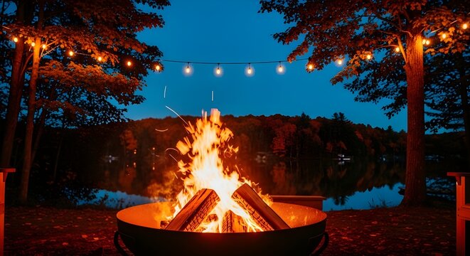 Cozy lakeside evening with a crackling campfire and festive string lights