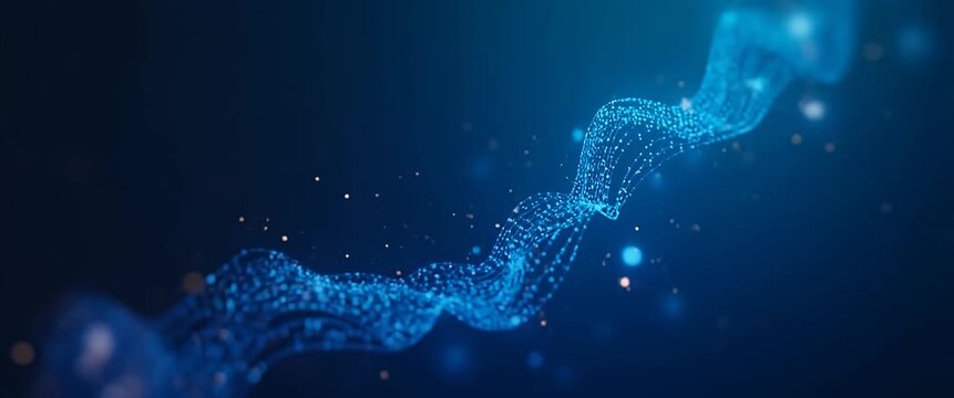 Abstract digital wave flows gracefully, with a slow camera pan capturing its fluid motion, against a softly glowing bokeh background, offering a serene, cinematic visual experience.
