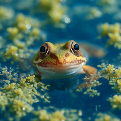 Close Up Portrait of a Frog Peeking from a Pond