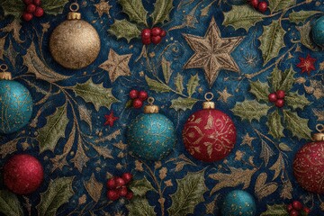 Festive Glittering Christmas Ornaments on Dark Blue Background with Gold Accents Red Berries and Decorative Stars for Seasonal Holiday Celebration