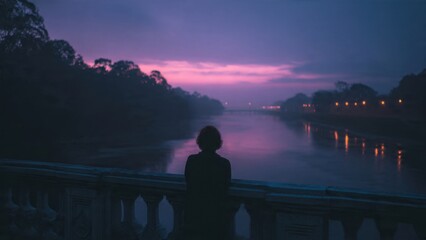 Woman Gazing at a Violet Sunset Over the Water