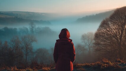 Woman in red coat gazing at misty valley