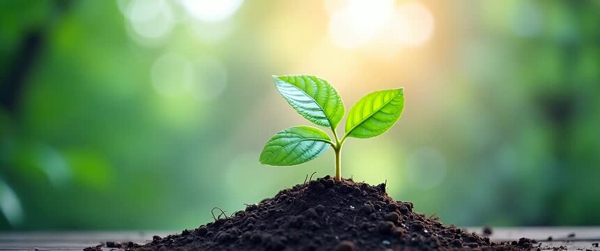 Young plant growing in fertile soil, gently swaying under sunlight, as camera smoothly pans across the vibrant green landscape; cinematic, growth, nature, sustainability.