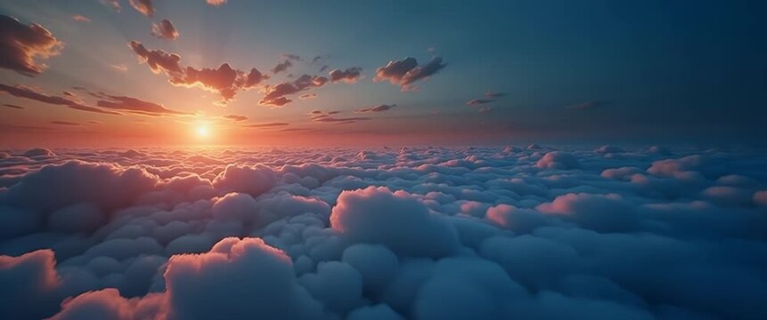 Majestic sunrise above fluffy clouds with gentle ambient light flickering, cinematic slow pan capturing serene horizon, perfect for inspirational, nature, and travel themes.