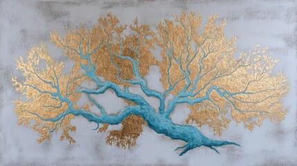 Glittering Decorative Tree Sculpture with Teal Trunk and Golden Leaves on Textured Gray Background Artistic Shiny Tree Art